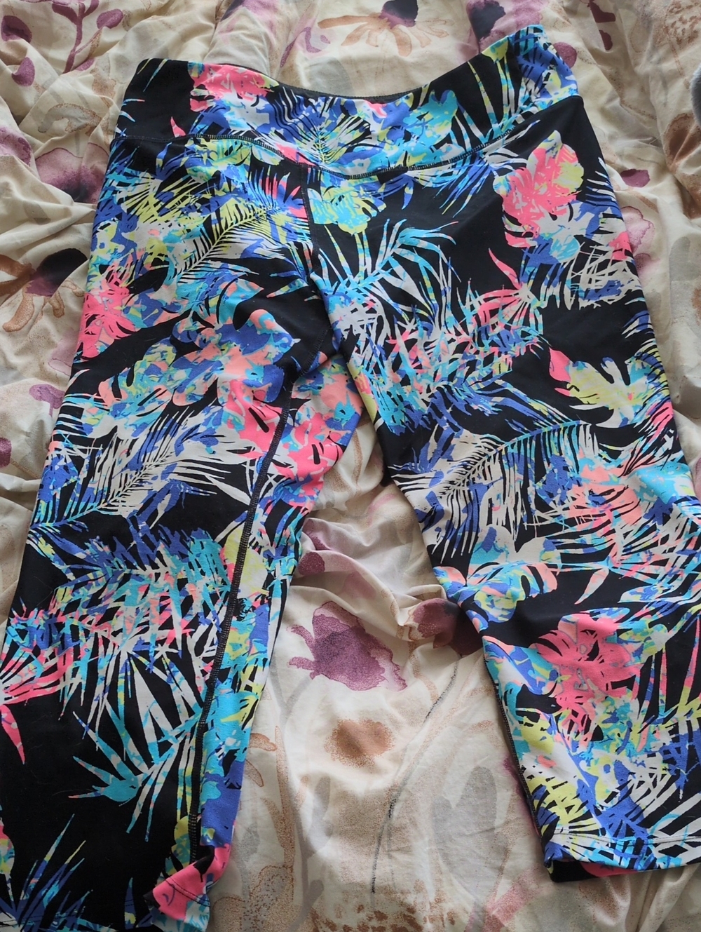 Calvin Klein Black Tropical Print Cropped Pants with Neon Accents